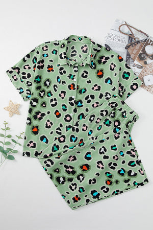 Sage leopard print resort shirt and trousers set with collared neckline and short sleeves