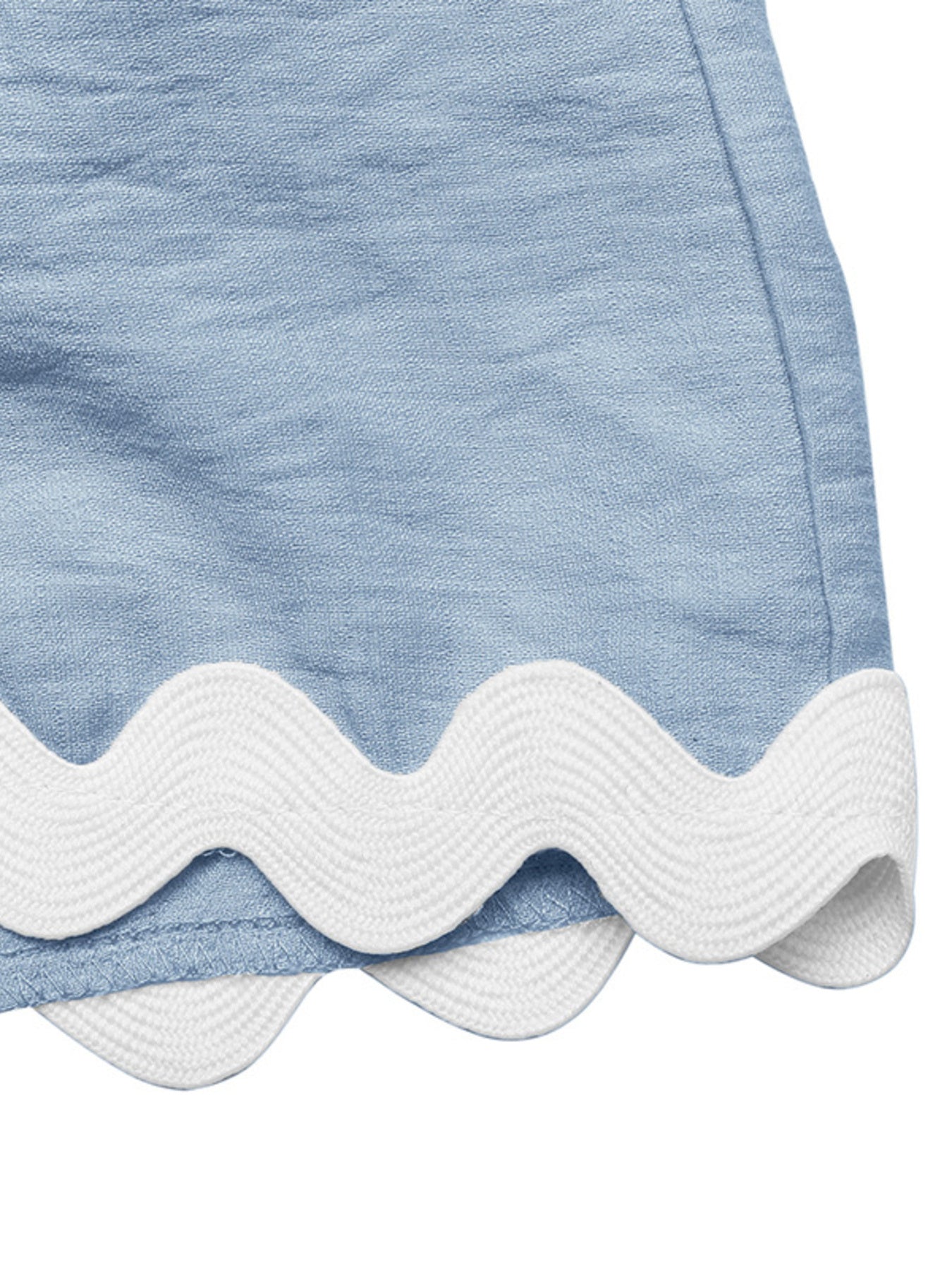 Blue maternity romper cover-up with white scalloped trim detail.