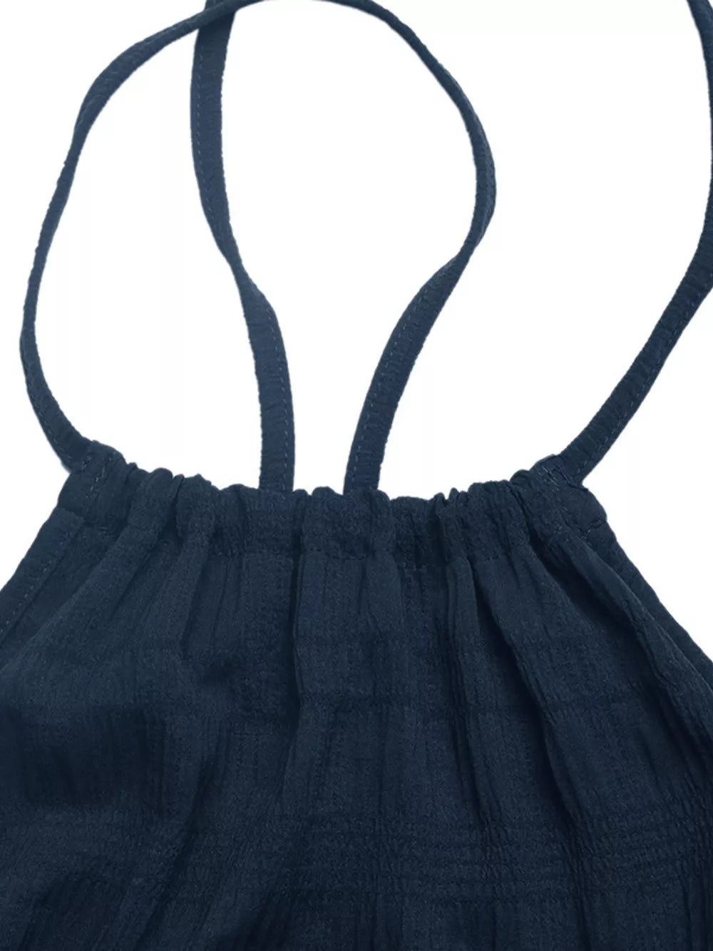 Navy ruched halter midi dress with tie back detail.