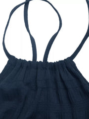 Navy ruched halter midi dress with tie back detail.