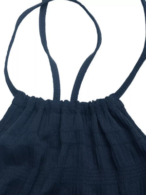 Navy ruched halter midi dress with tie back detail.