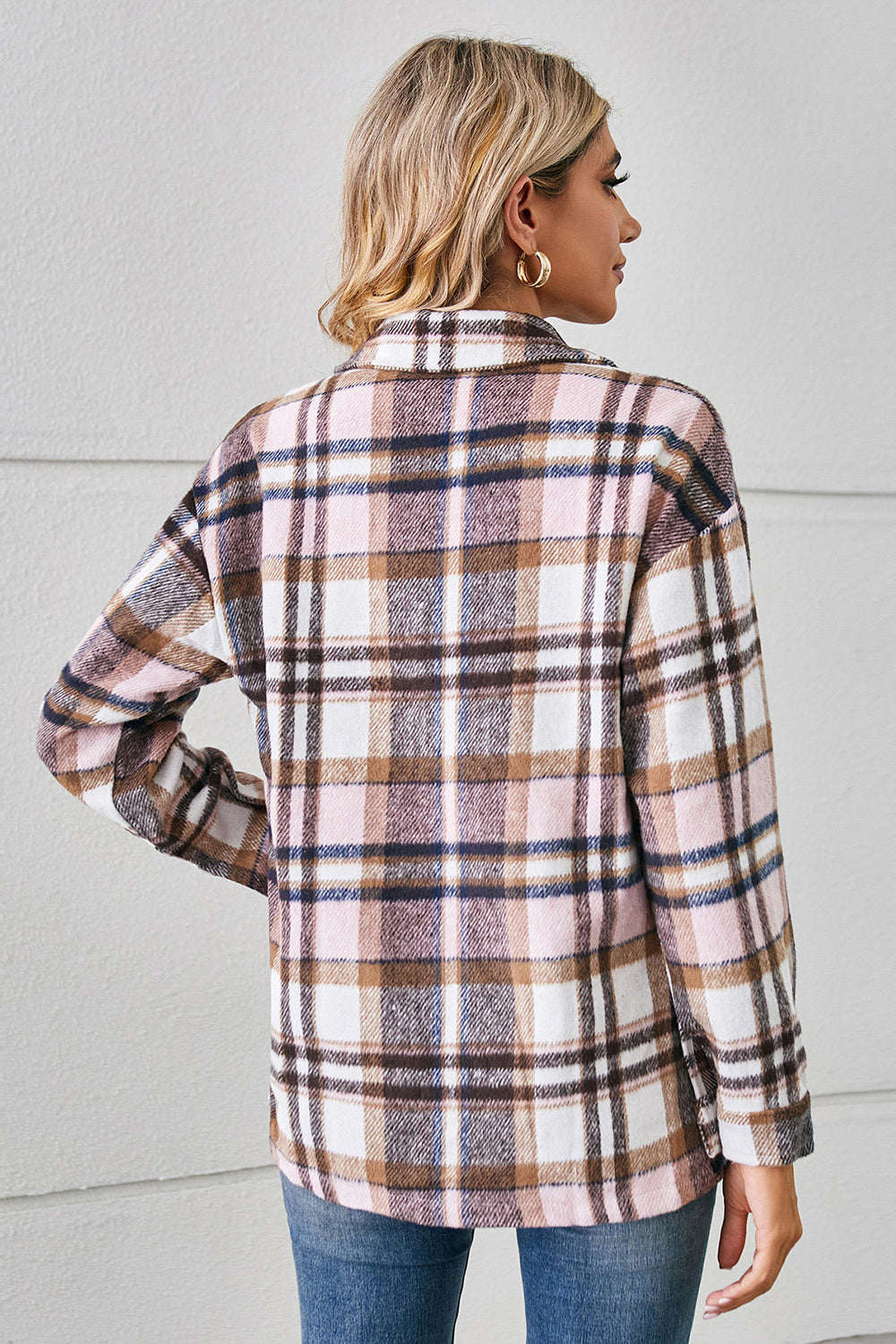 Soft plaid overshirt in blush pink with button front and patch pockets.