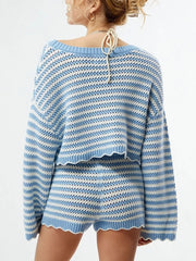 Scalloped Edges Striped Top And Shorts Set in Blue, back view