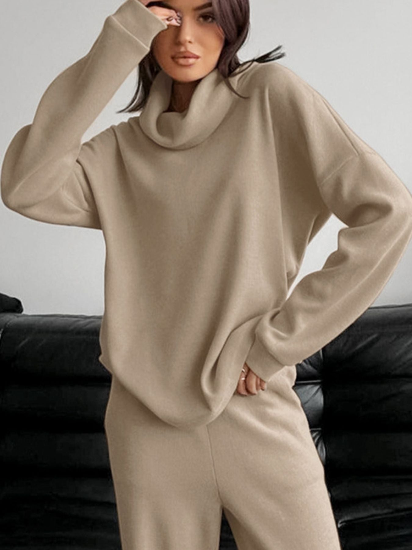 Beige cowl-neck turtleneck and pants set for women, casual and chic loungewear.