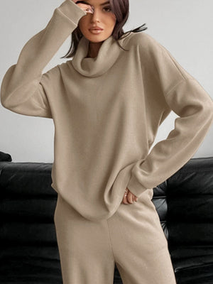 Beige cowl-neck turtleneck and pants set for women, casual and chic loungewear.