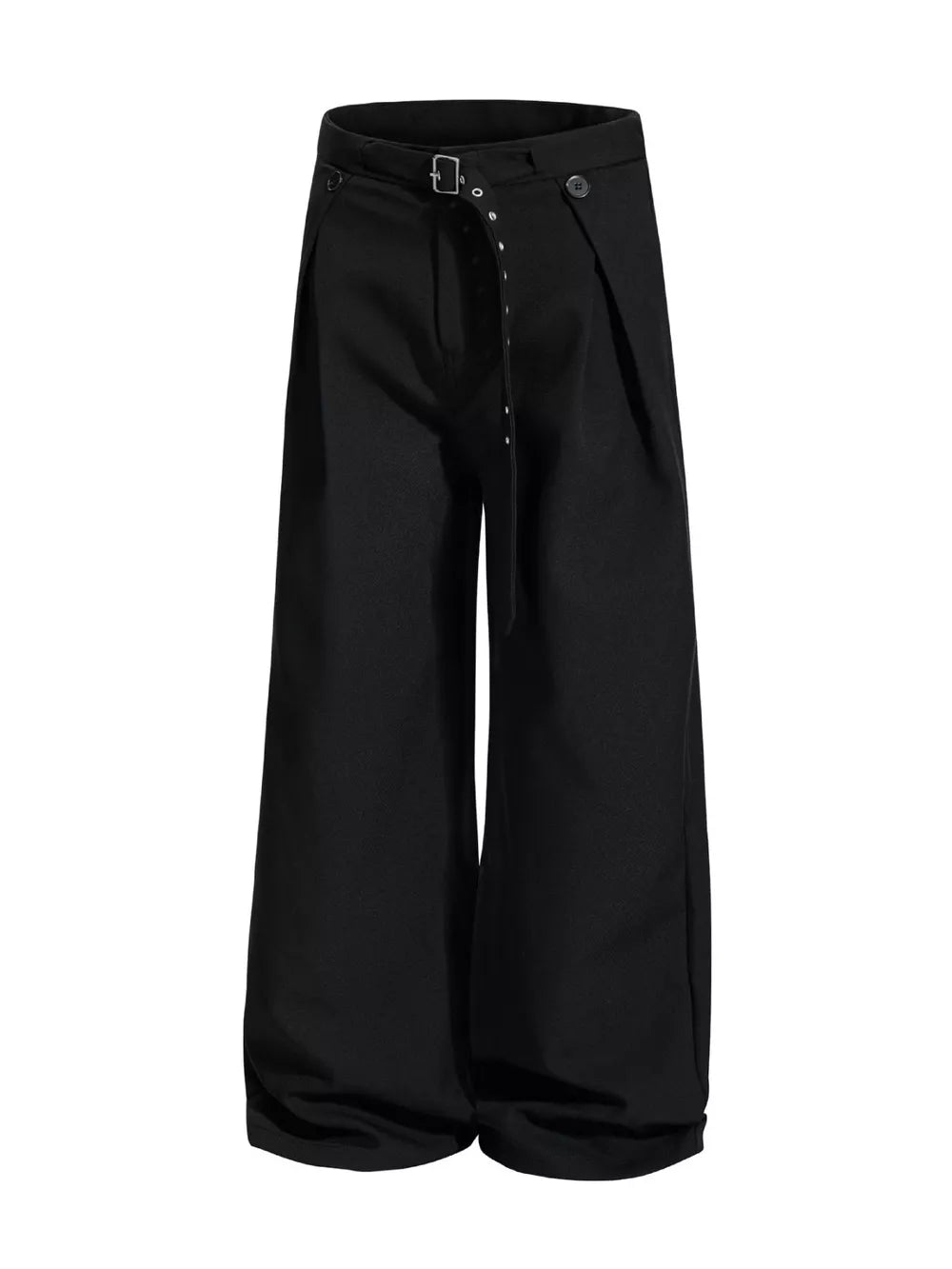 Black wide-leg sweatpants with a belted waist and button closure.