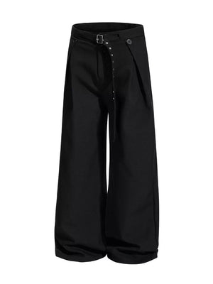 Black wide-leg sweatpants with a belted waist and button closure.