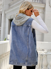 Denim hooded vest in medium wash with grey contrast lining, shown from the back.