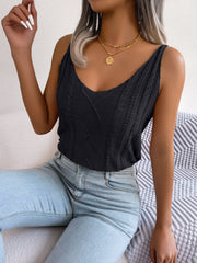 Black cable knit diamond vest top with V-neck and wide straps.