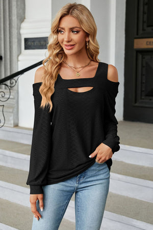 Black textured open shoulder blouse with keyhole neckline and long sleeves.