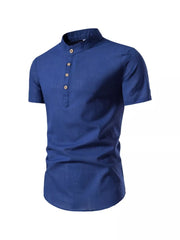 Navy blue cotton short sleeve men's shirt with mandarin collar and buttoned placket