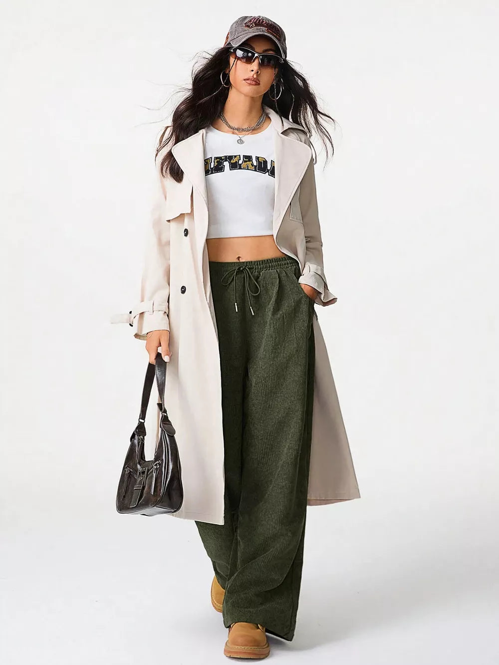 Army green corduroy wide-leg cargo maternity pants with drawstring waist.
