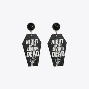 Gothic coffin earrings with Night of the Living Dead graphic and skeleton hand detail