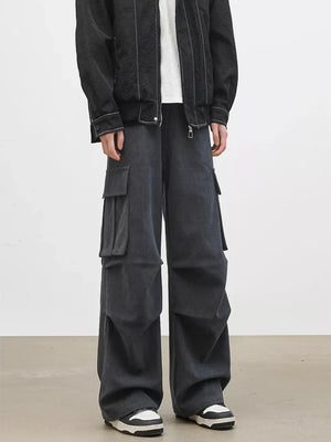 Dark gray cargo pants with multiple pockets and a relaxed fit.