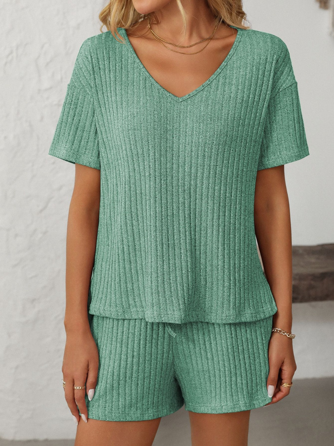 Gum Leaf ribbed V-neck loungewear set with short sleeves and drawstring shorts.