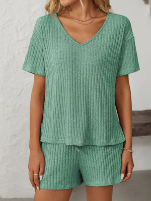 Gum Leaf ribbed V-neck loungewear set with short sleeves and drawstring shorts.