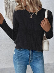 Black geometric eyelet long sleeve knit top with a crew neck.