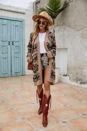 Southwestern geometric knit cardigan in khaki with open front and long sleeves.