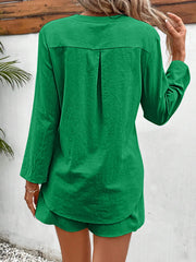 Green linen henley shirt with drawstring shorts set, featuring a back pleat detail.