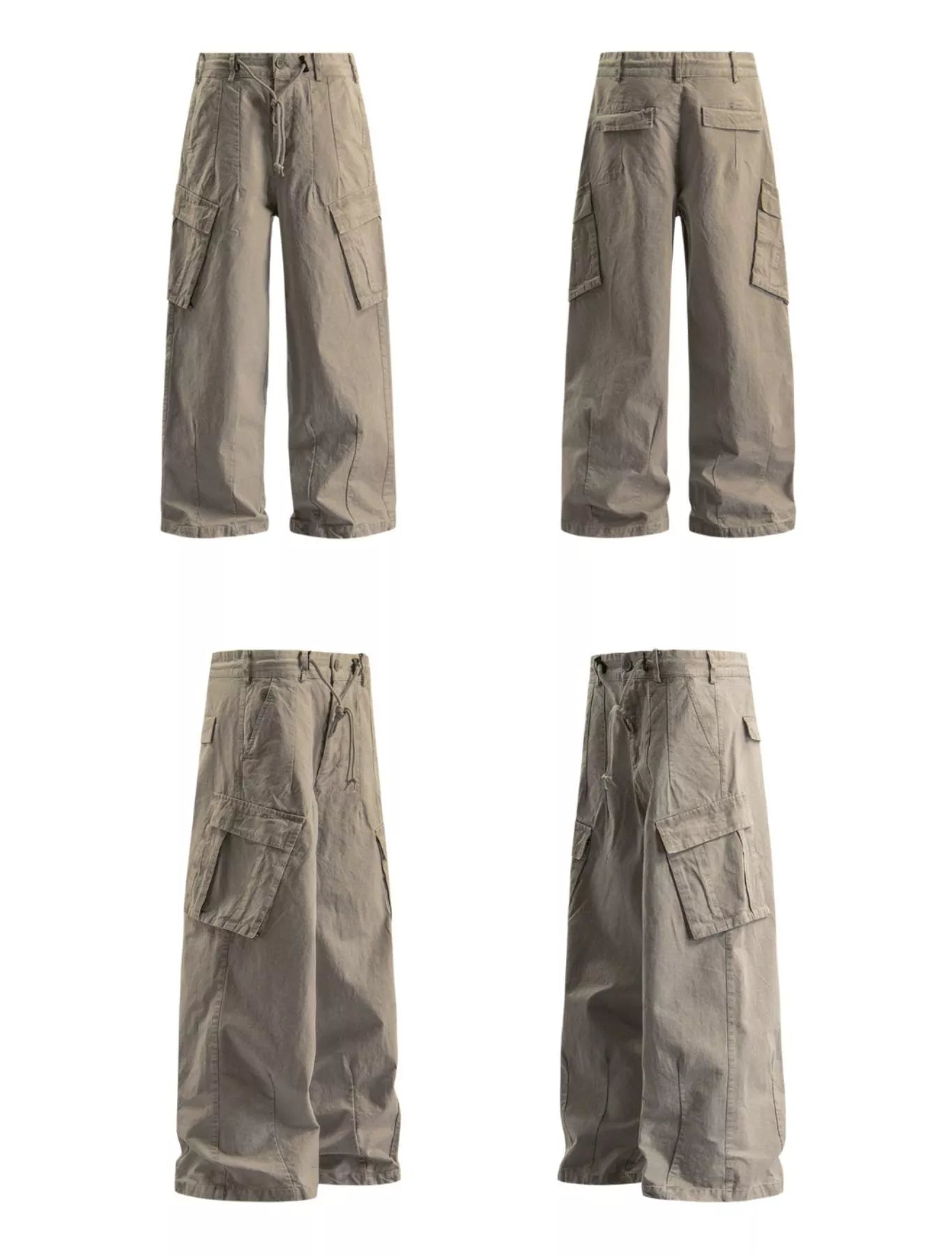 Relaxed fit khaki cargo pants with drawstring waist and multiple pockets.
