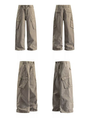 Relaxed fit khaki cargo pants with drawstring waist and multiple pockets.