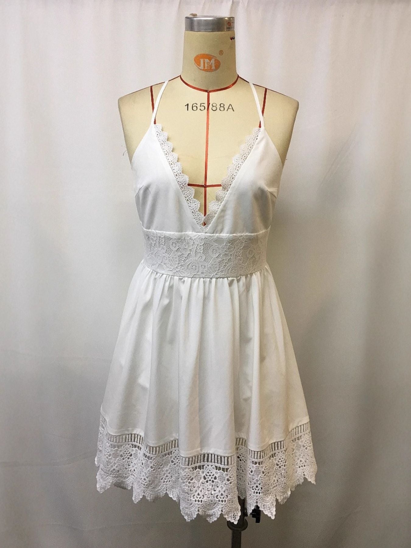 White lace trim V-neck mini dress with lace waistband and hem