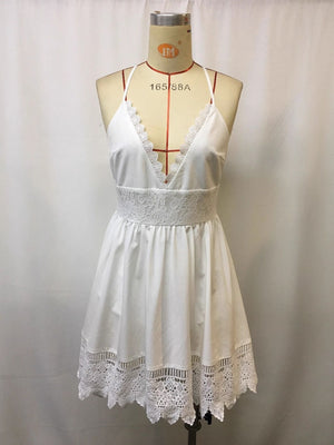 White lace trim V-neck mini dress with lace waistband and hem