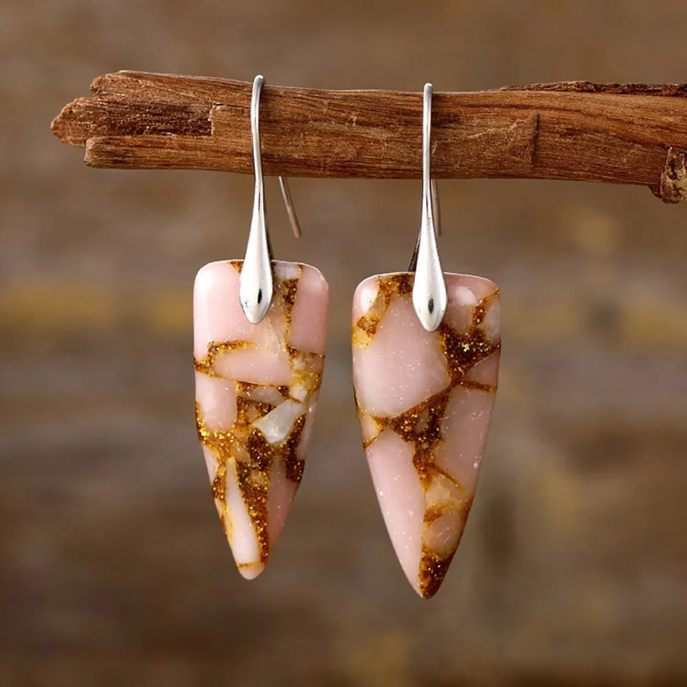 Glitter Vein Stone Drop Earrings in Silver/Pink feature pink stones with gold glitter veins and silver hooks.