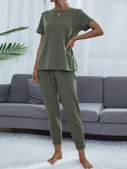 Moss green relaxed-fit tee and jogger loungewear set with crewneck and cuffed ankles.