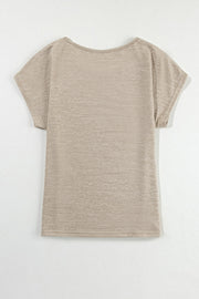 Khaki t-shirt with short sleeves and a scoop neck, featuring subtle texture.