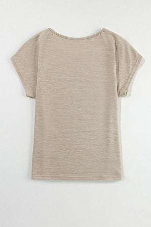 Khaki t-shirt with short sleeves and a scoop neck, featuring subtle texture.