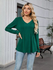 Elegant V-neck long sleeve maternity t-shirt in dark green with pleated detail