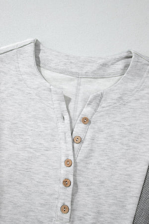 Gray waffle knit henley top with button detail