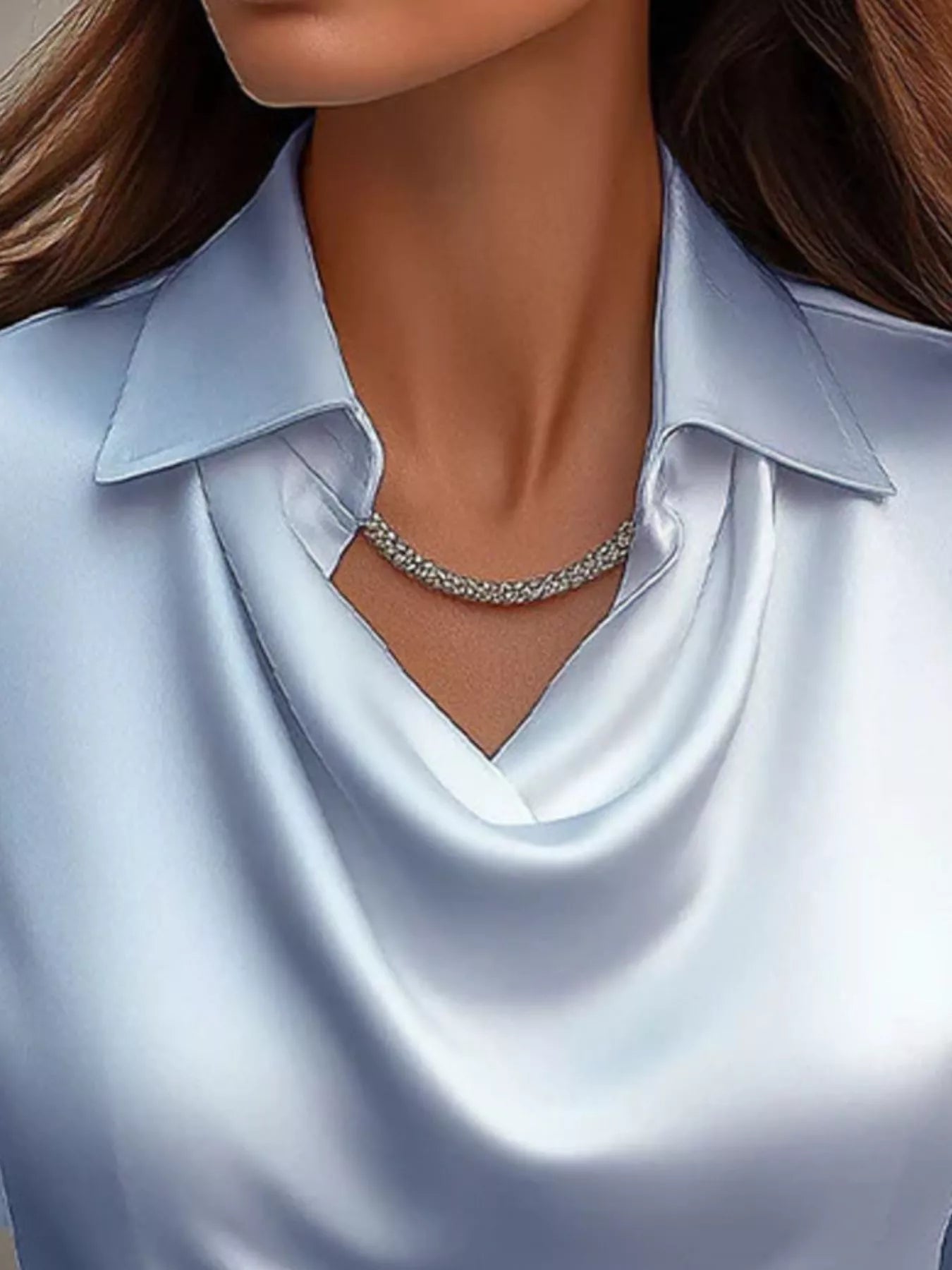 Sky blue satin cowl neck long-sleeve blouse with a collared neckline.