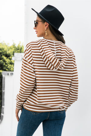 Chestnut striped relaxed fit hoodie with drawstring hem and button neck detail.