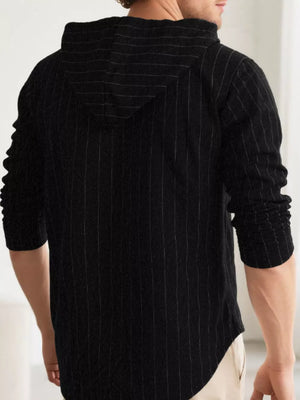 Black pinstripe hooded button-up shirt for men, cotton blend, long sleeves.