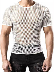 White mesh knit crew neck tee with a breathable, open weave.