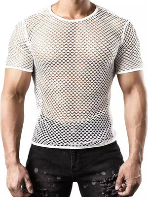 White mesh knit crew neck tee with a breathable, open weave.