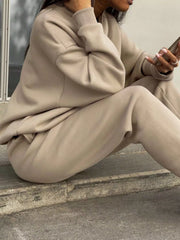 Tan half zip sweatshirt and matching pants set, comfortable athleisure outfit