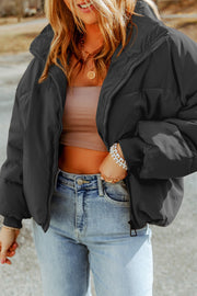 Black padded crop jacket with stand collar and zipper closure