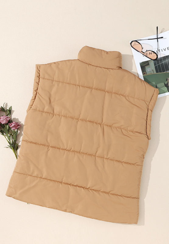 Padded tan sleeveless hooded vest with a high collar and horizontal quilting.