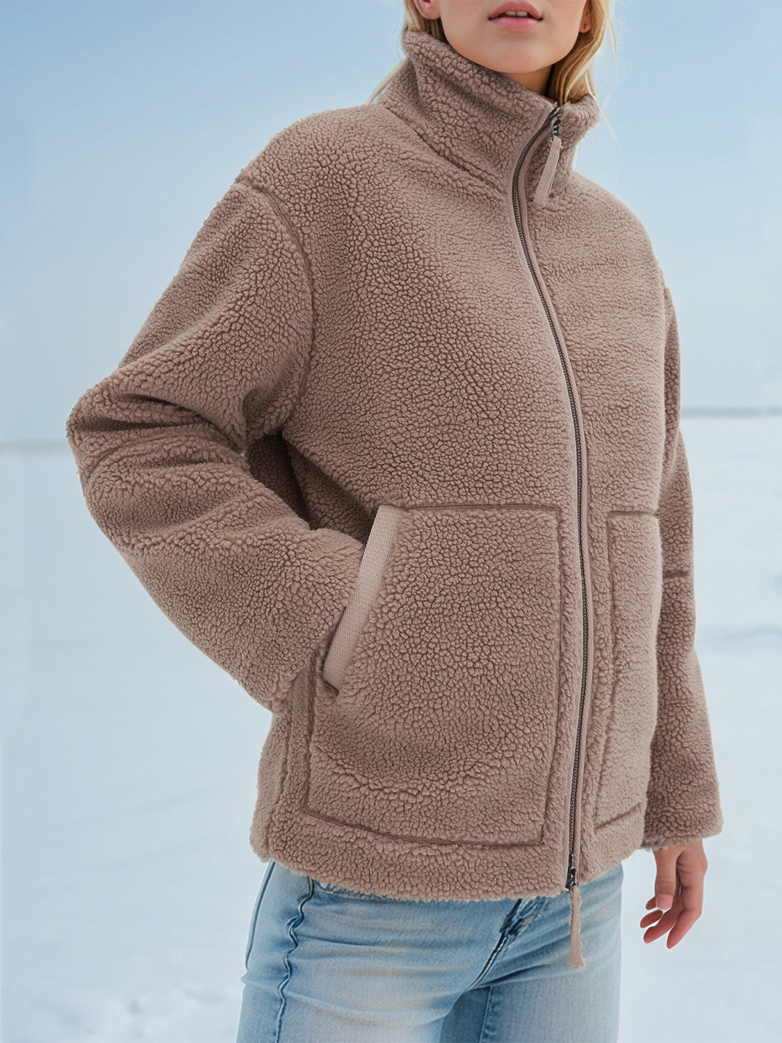 Mocha sherpa stand-collar jacket with zip front and pockets