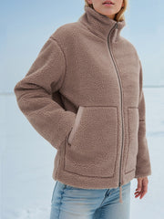 Mocha sherpa stand-collar jacket with zip front and pockets