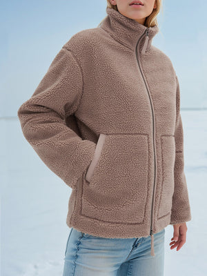 Mocha sherpa stand-collar jacket with zip front and pockets
