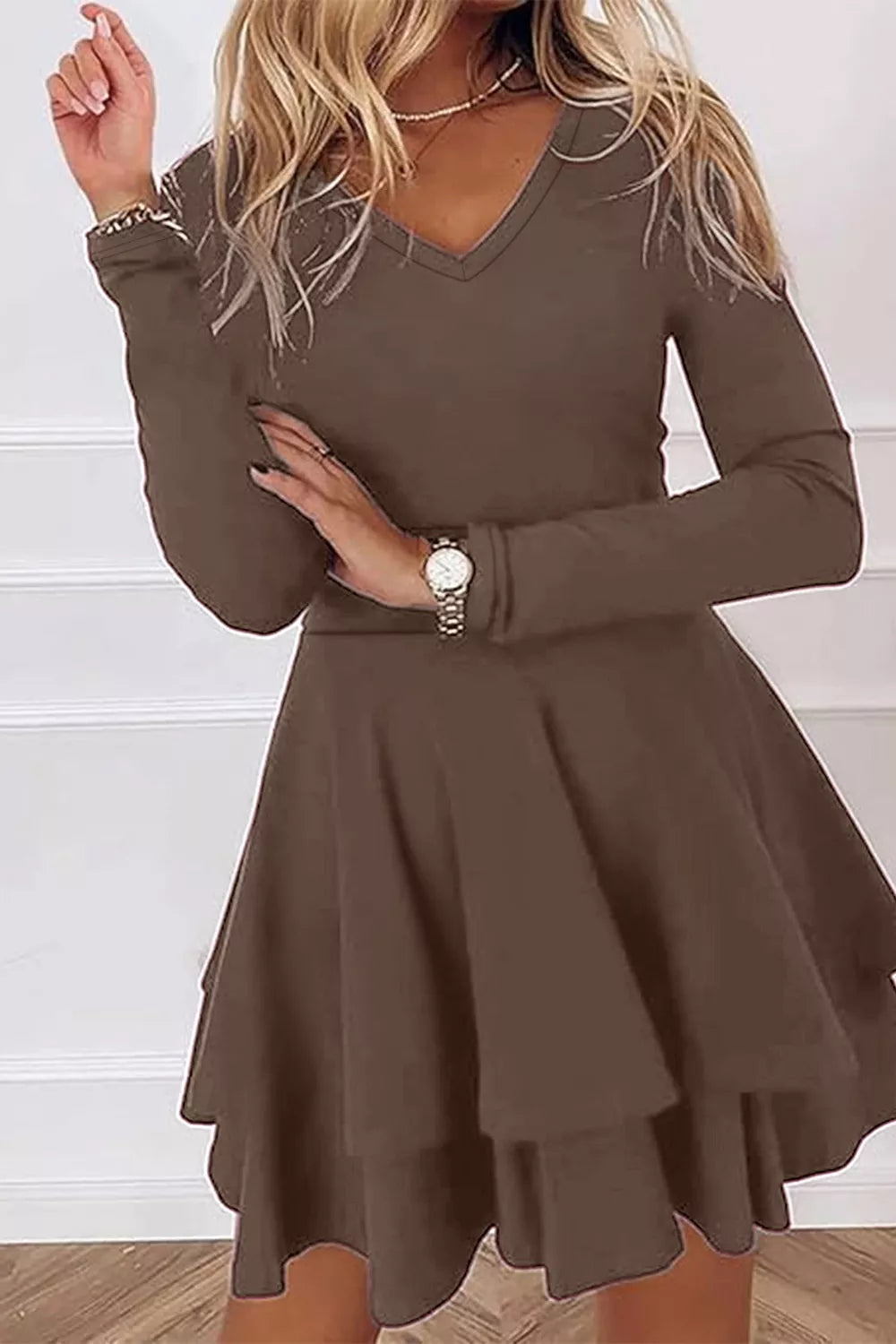 Layered Long Sleeve V-neck Mini Dress, close-up detail