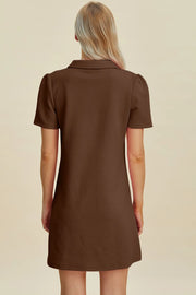 Brown textured mini dress with short sleeves and a collar, shown from the back.