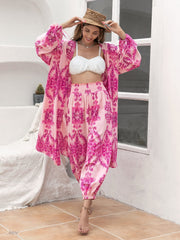 Bohemian paisley lounge set in hot pink with wide sleeves and smocked waist pants.