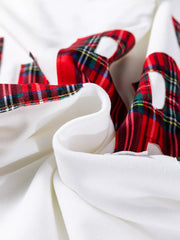 White crew neck sweatshirt with red plaid "merry" graphic detail and cozy cotton fabric.