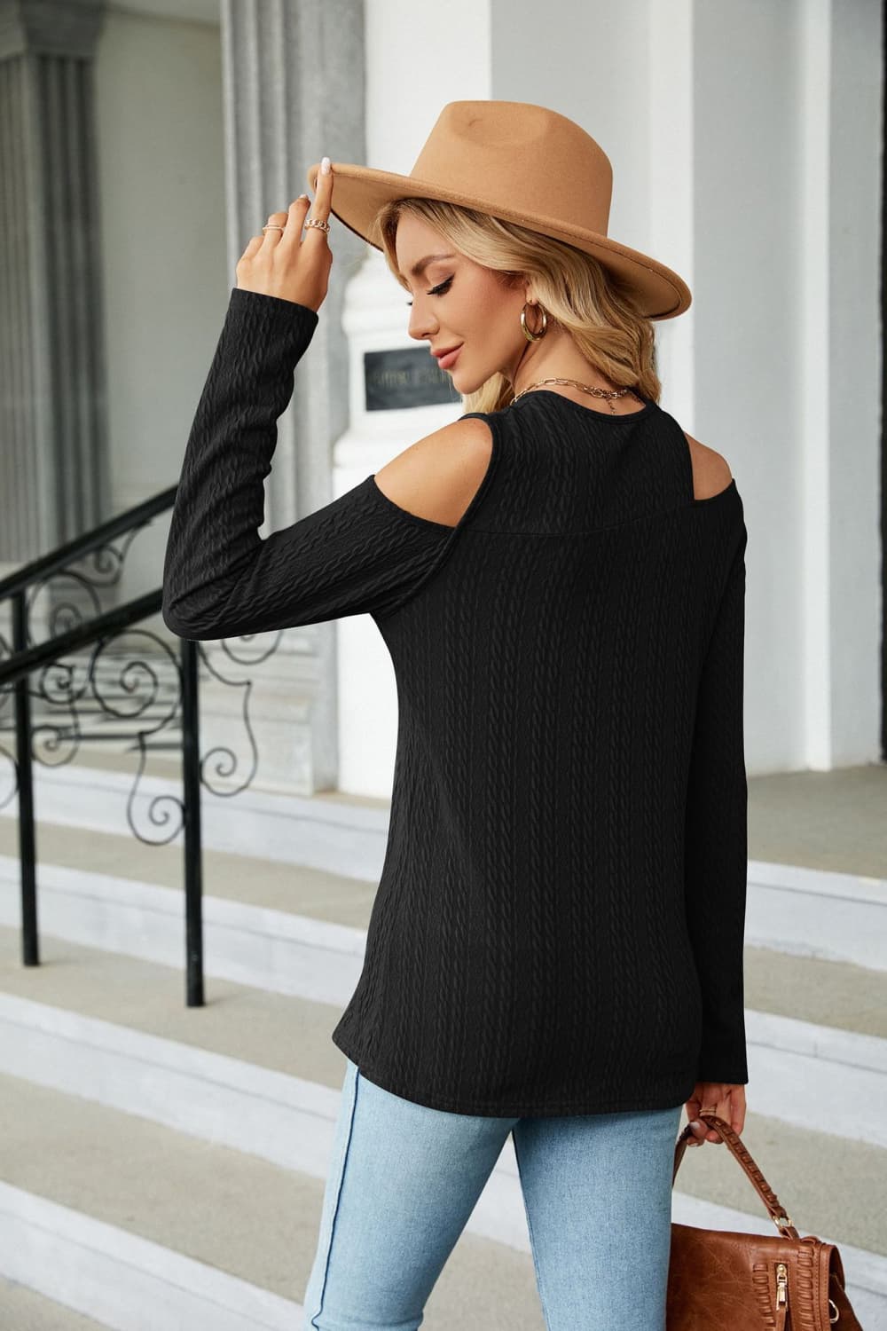 Black textured knit cold-shoulder long sleeve top