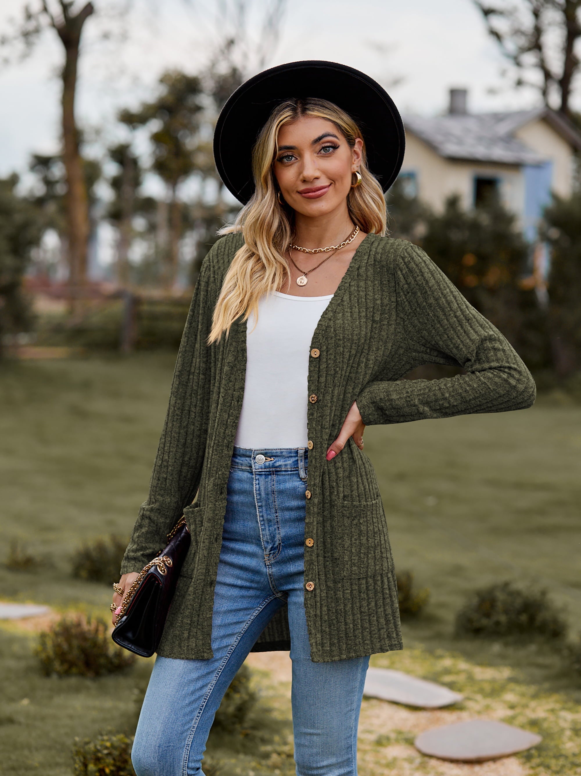 Longline ribbed knit button-down cardigan in Army Green with wooden buttons and pockets.